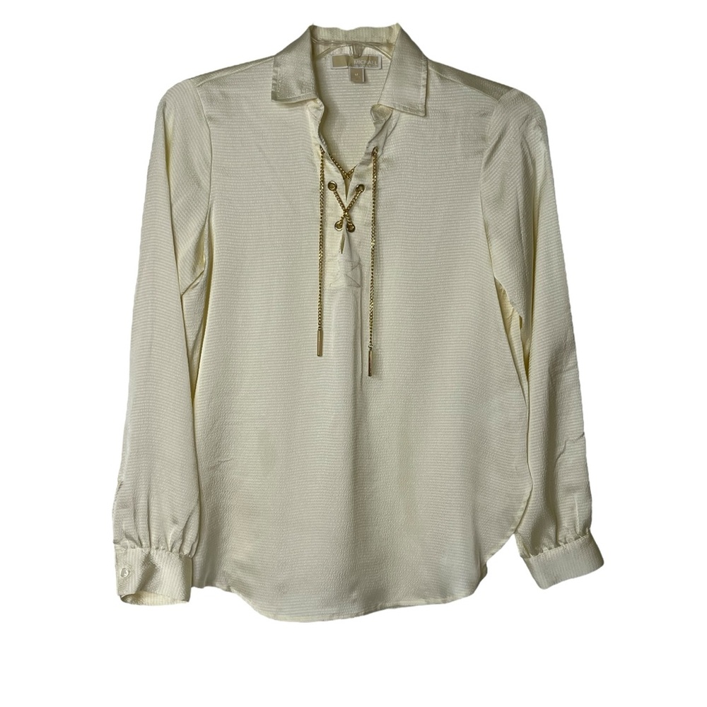 MICHAEL Michael Kors Cream Gold Chain Lace Up Collared Pullover Womens M Blouse